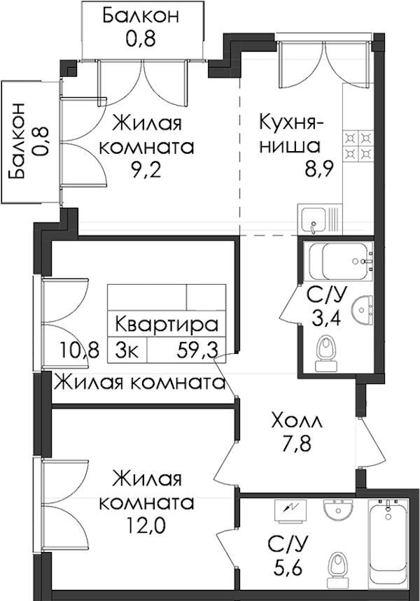 2-комнатная квартира 59.3 м², 5/7 эт., ЖК «Лермонтовский 54»